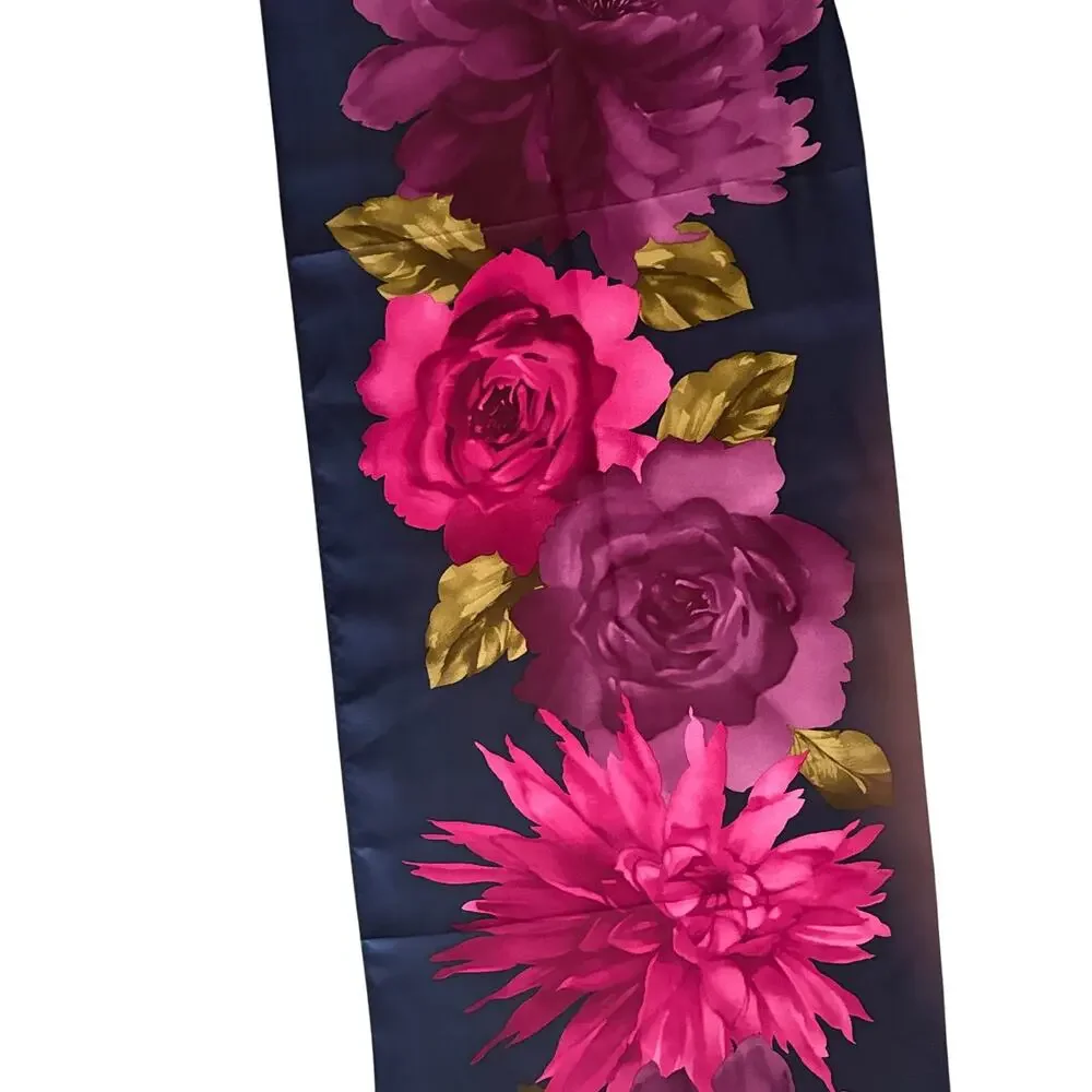 Vintage Y2K Oscar by Oscar de la Renta Long Silk Navy Floral Logo Scarf 11 x 52